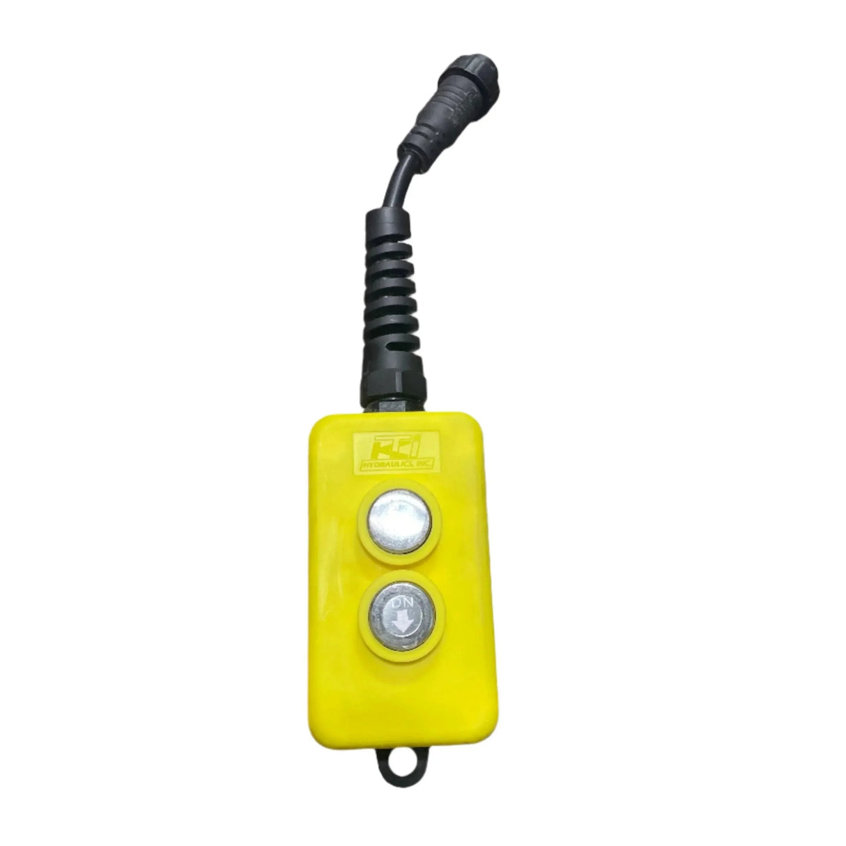 Yellow industrial control switch with two silver push buttons and black connector