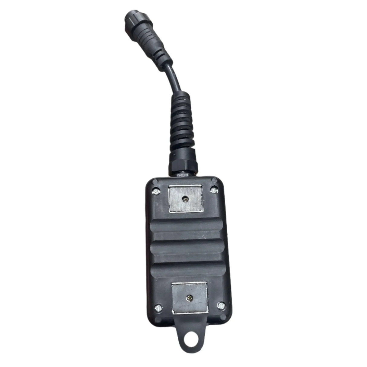 Black waterproof electrical junction box with cable and two metal mounting plates