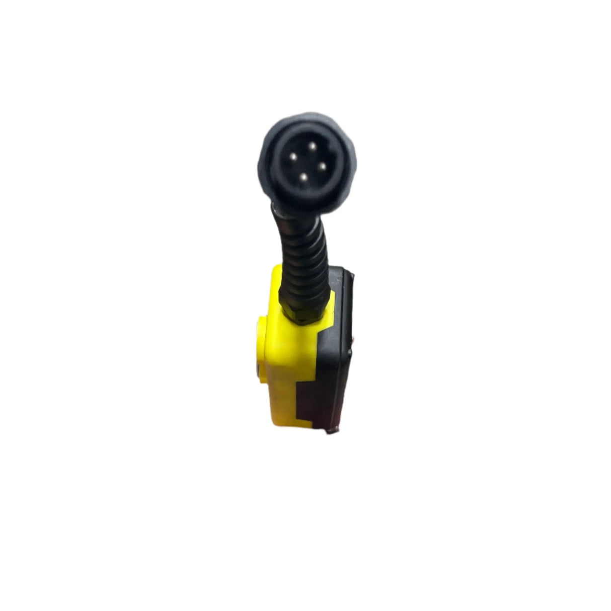Yellow industrial cable connector with four-pin plug on white background