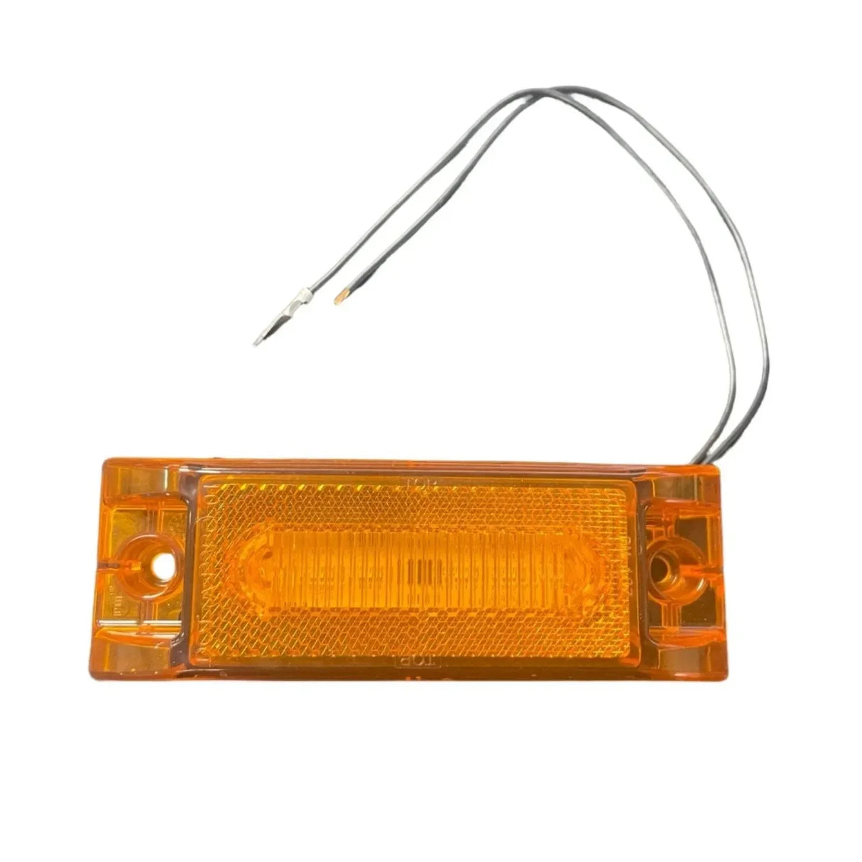 Amber rectangular LED side marker light with wires, automotive accessory on white background.