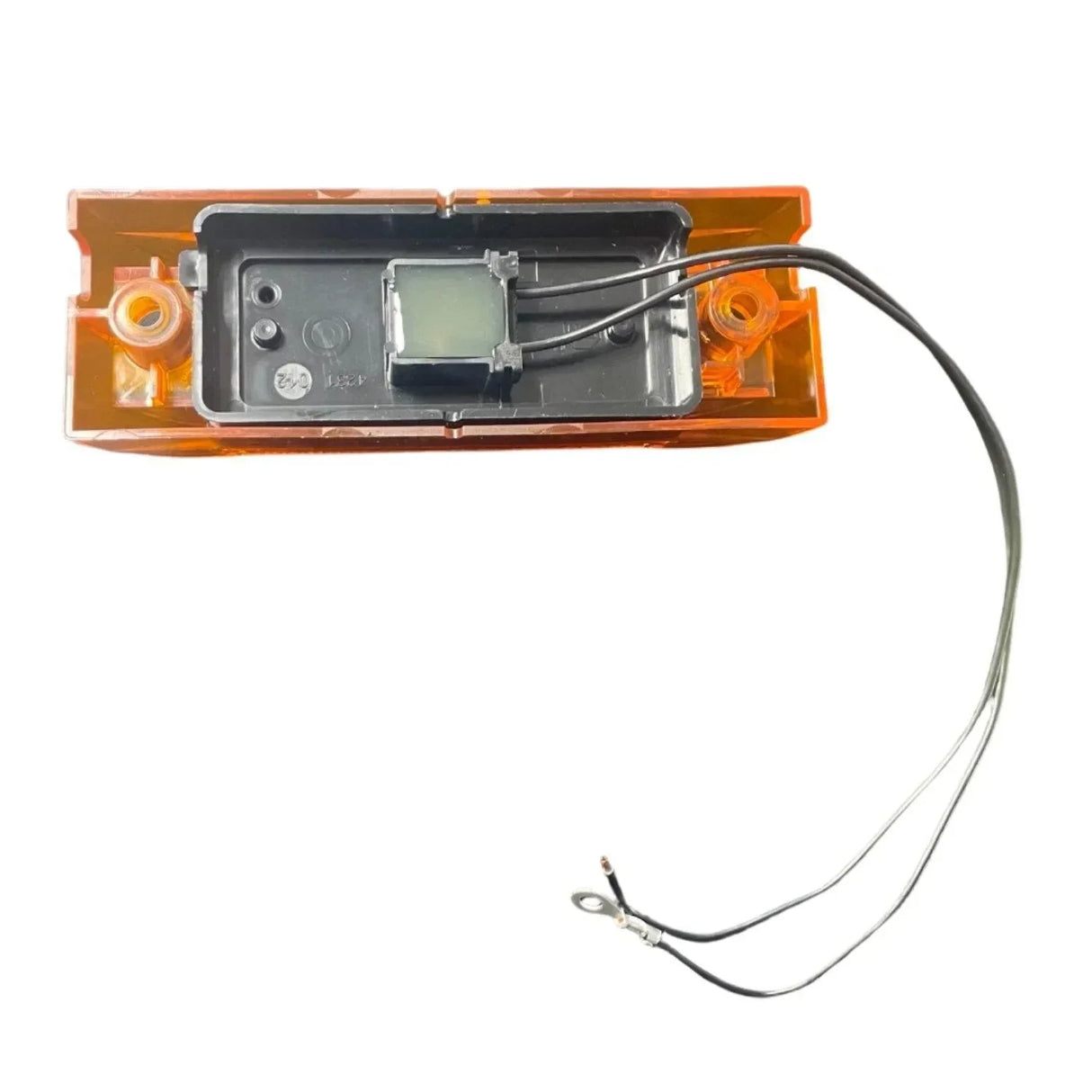 Amber LED side marker light with black wiring for vehicle, isolated on white background