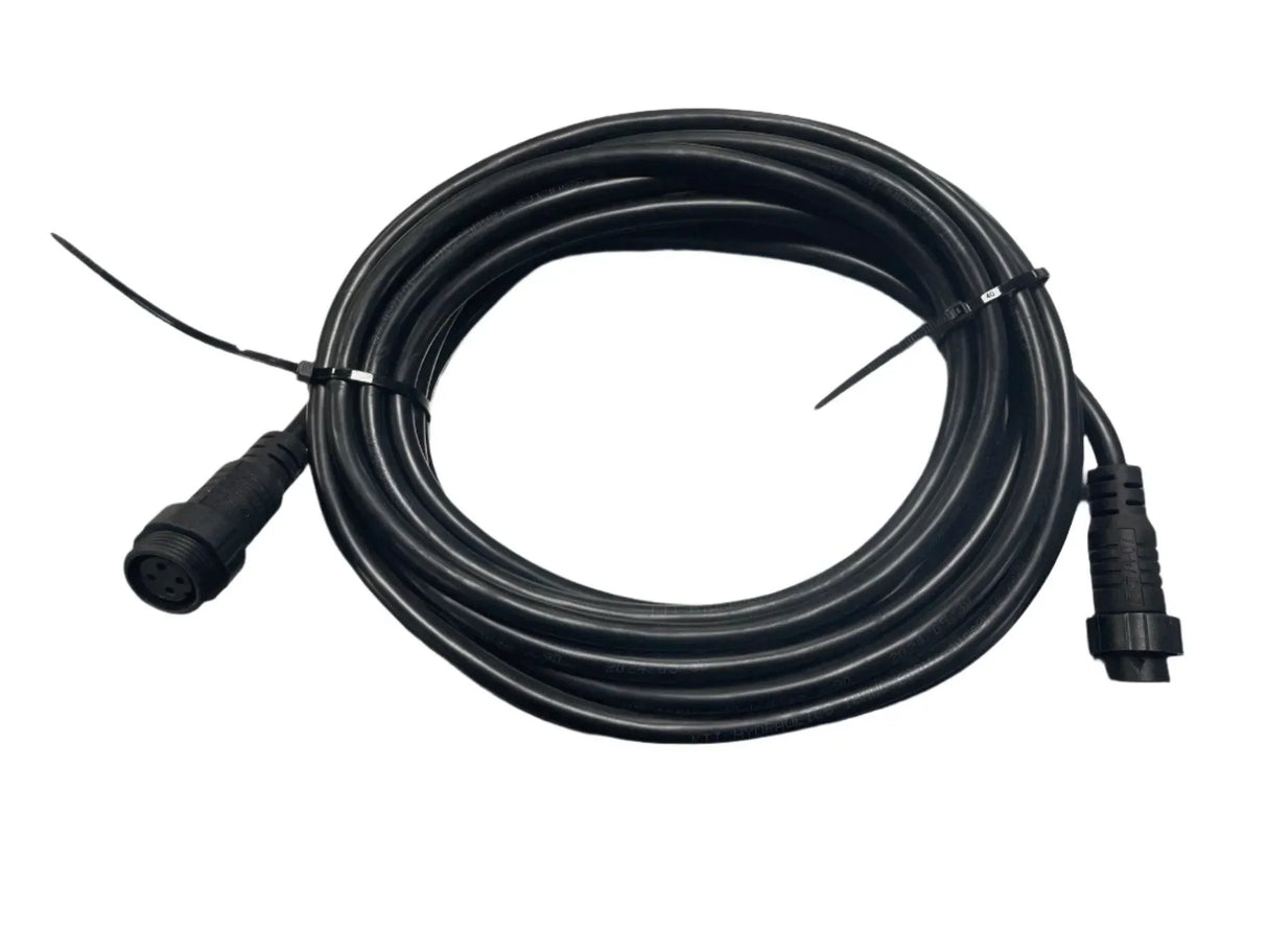 Coiled black extension cable with connectors and zip ties on white background