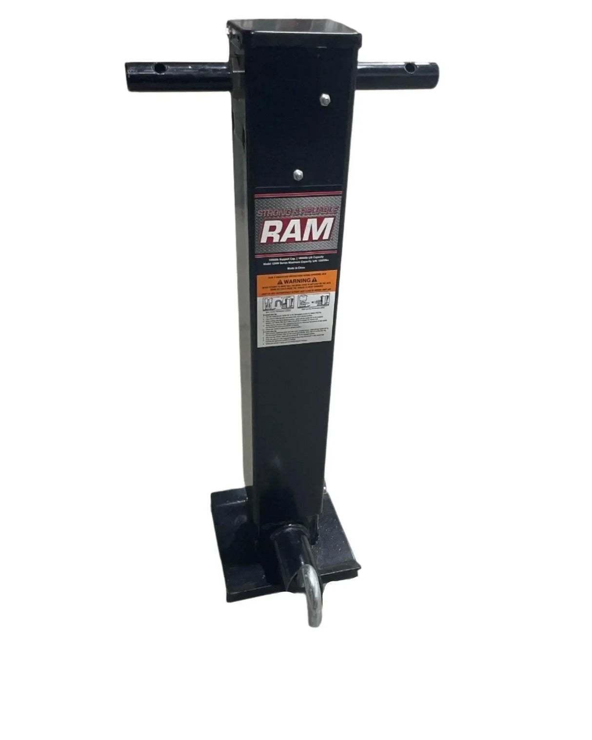 RAM black steel trailer jack stand with side handle on white background
