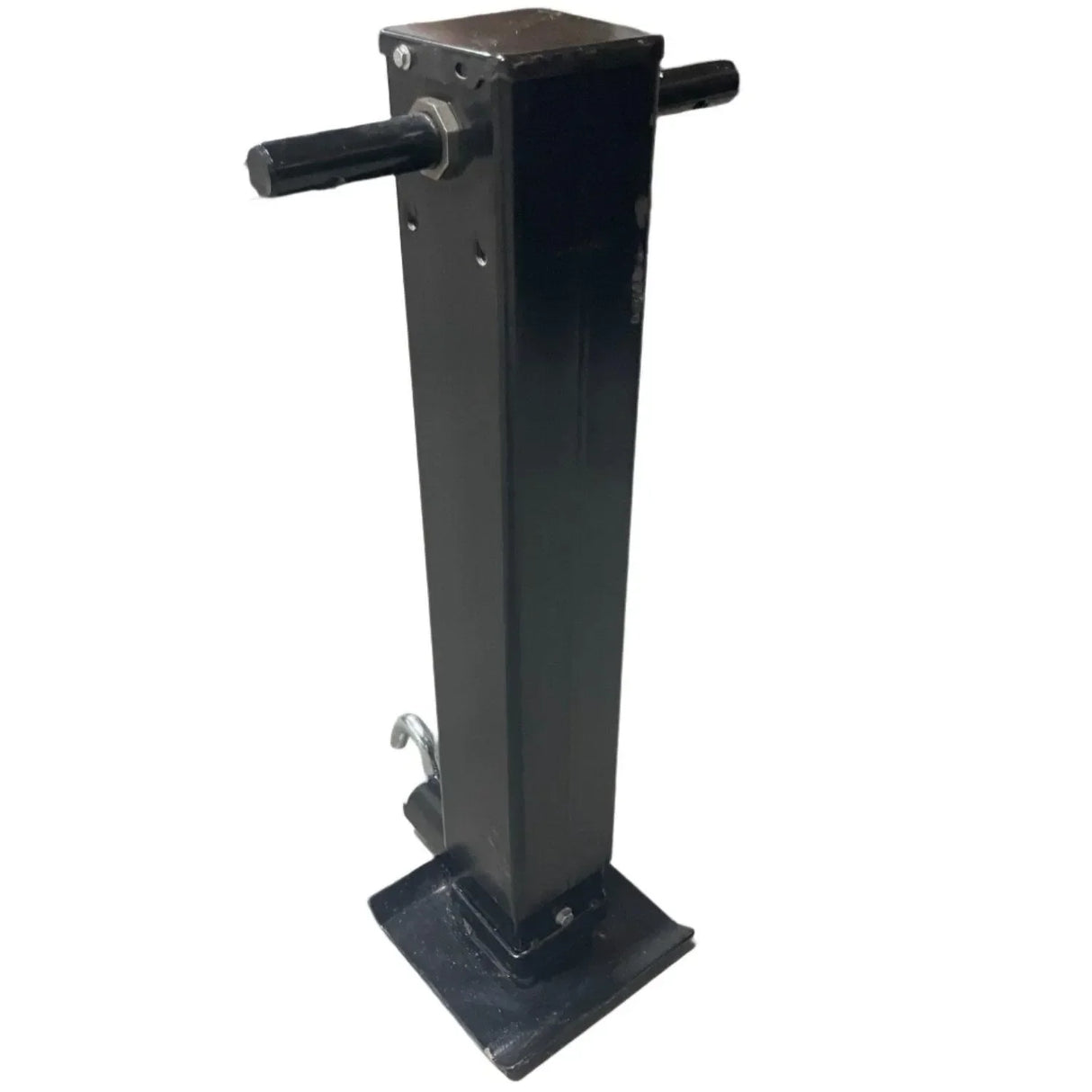 Black heavy-duty trailer jack stand with foot plate on white background