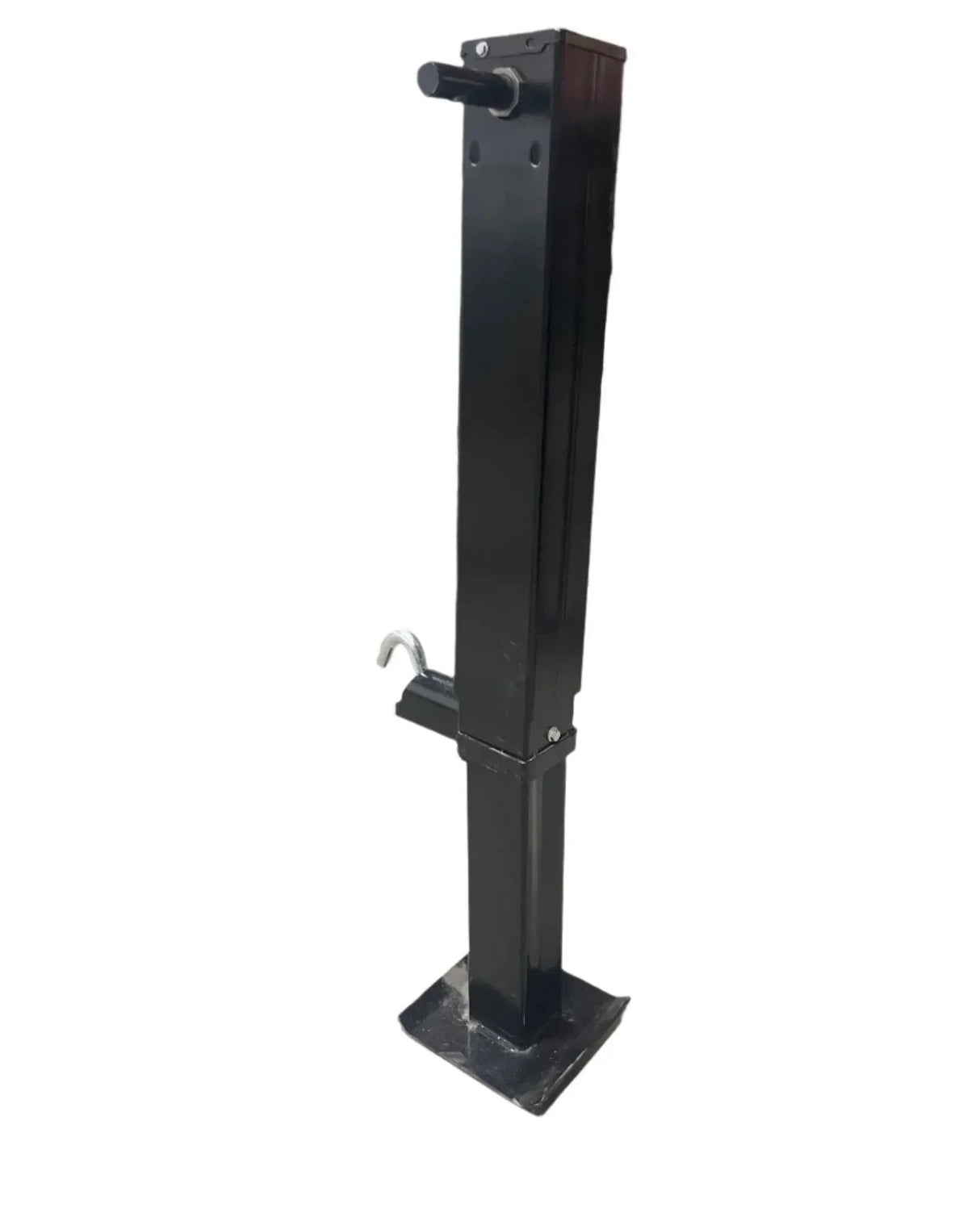 Black trailer jack stand with square base and locking pin on white background