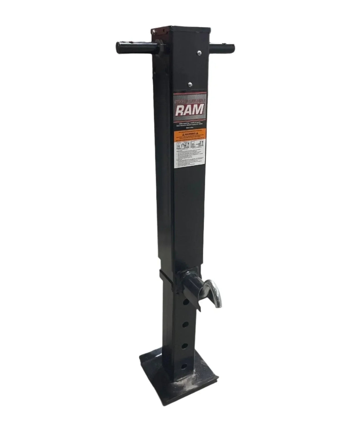 RAM black trailer jack stand with handle and adjustable height, isolated on white background