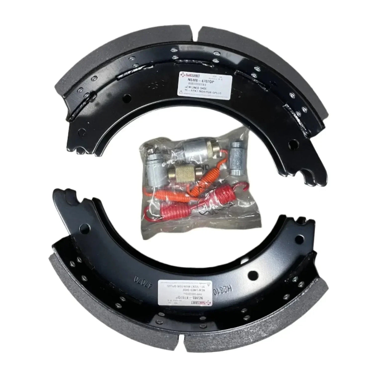 Brake shoe kit with hardware set for trailers, displayed on white background