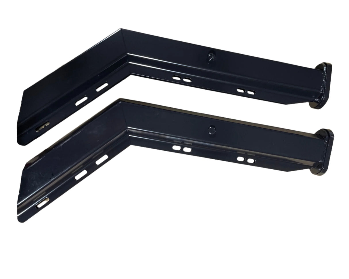 Pair of black steel angled wall brackets with mounting slots on white background