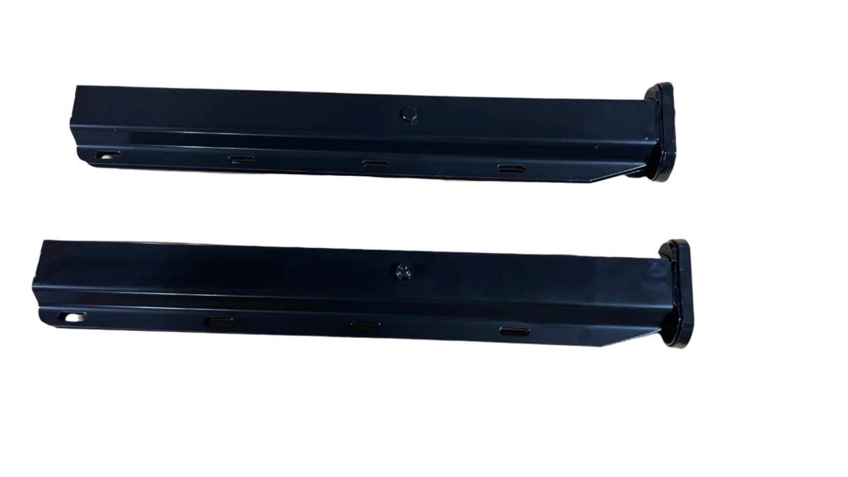 Two black metal mounting brackets on white background