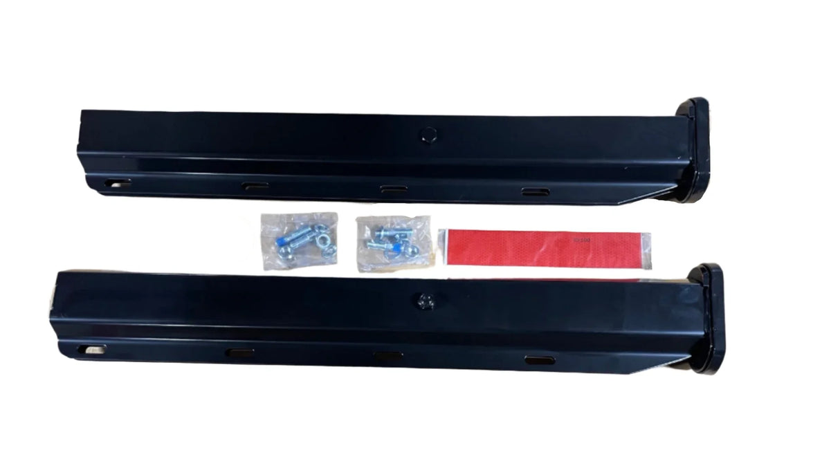 Black steel running boards with mounting hardware and red reflective strip