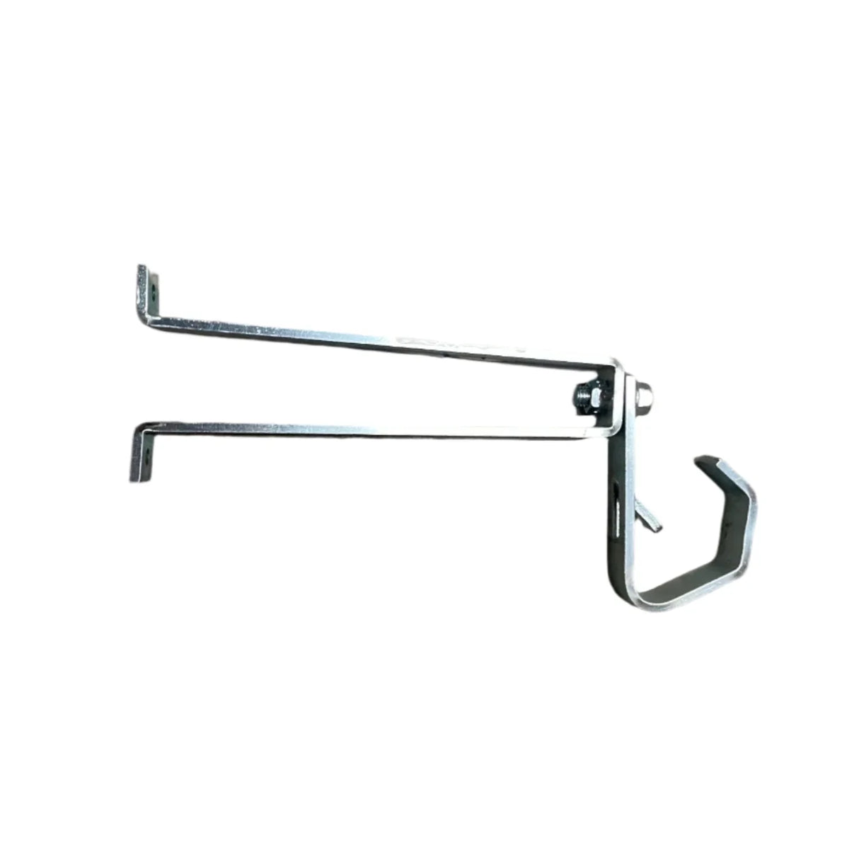 Metal adjustable pipe hanger bracket with hook on white background