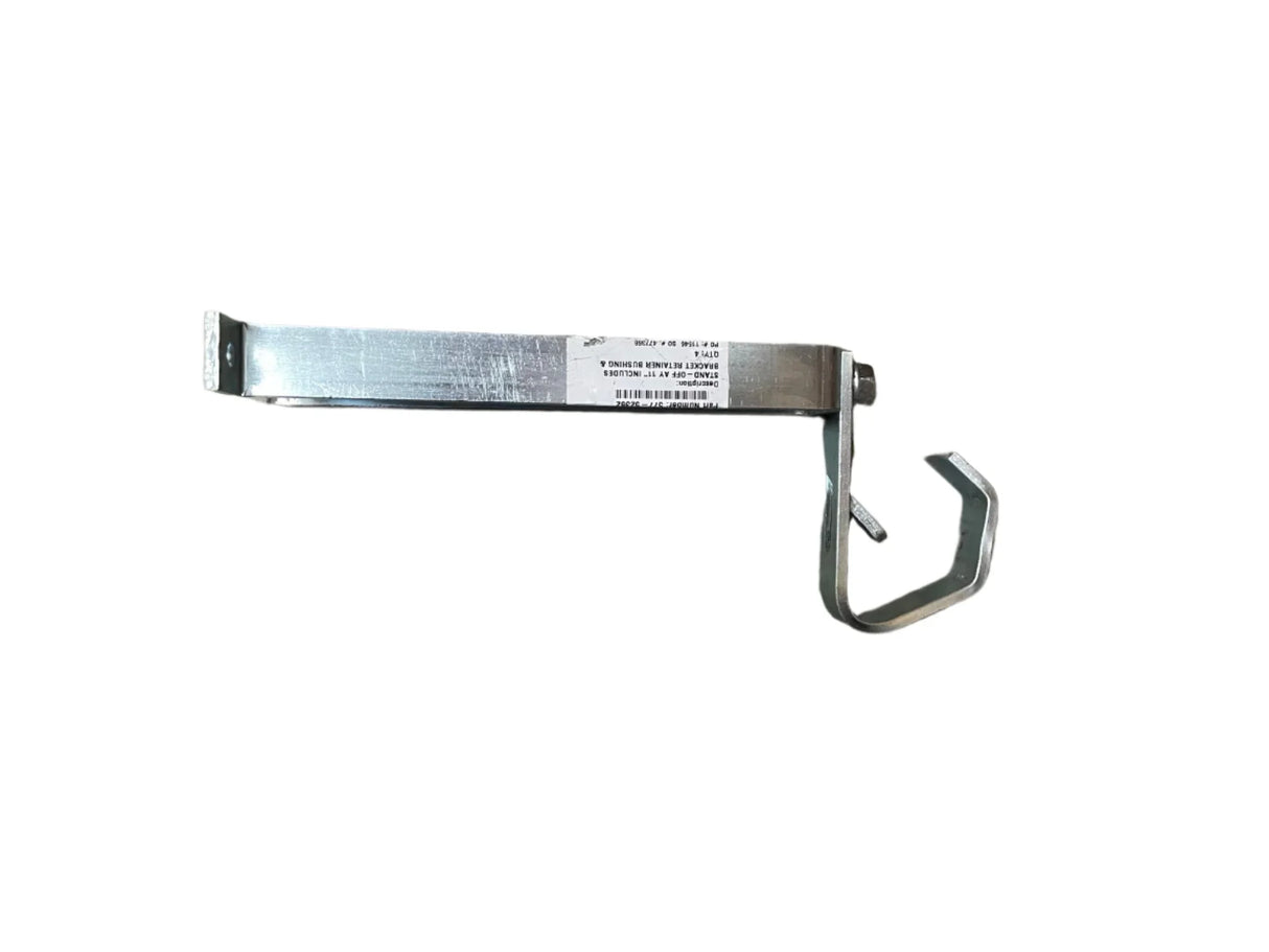 Galvanized metal gutter hanger bracket with label on white background