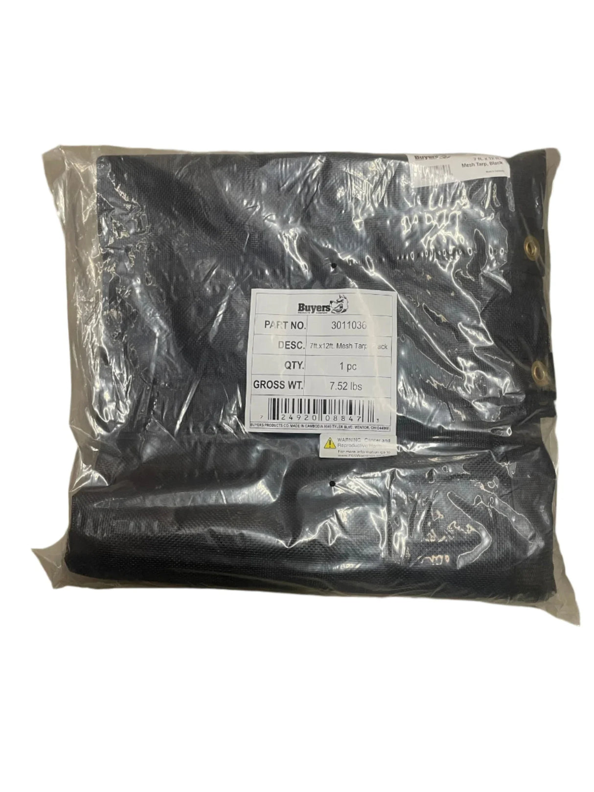 Buyers Products 7ft x 12ft black mesh tarp in sealed plastic packaging