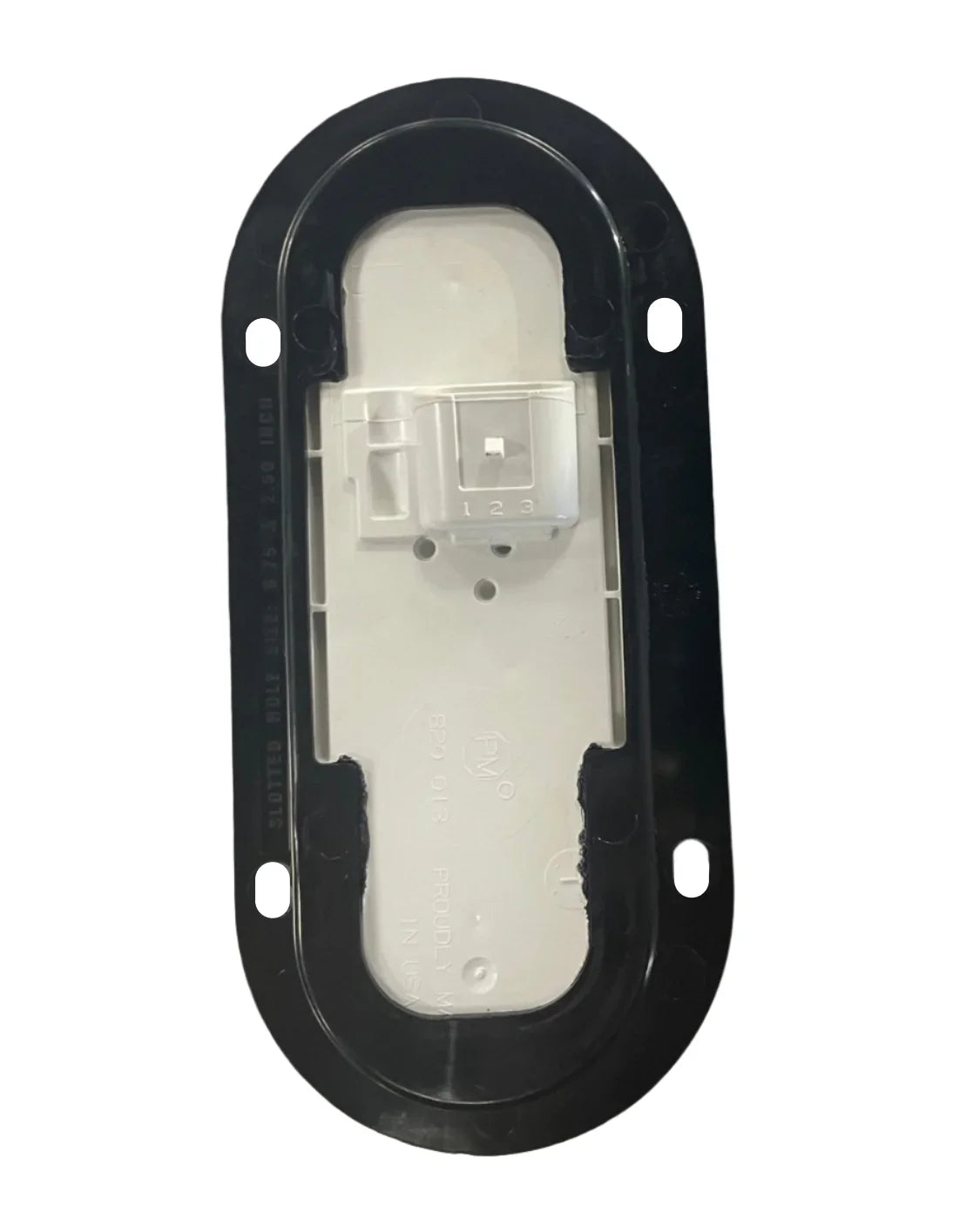 Oval trailer light connector base with black border and white plastic housing
