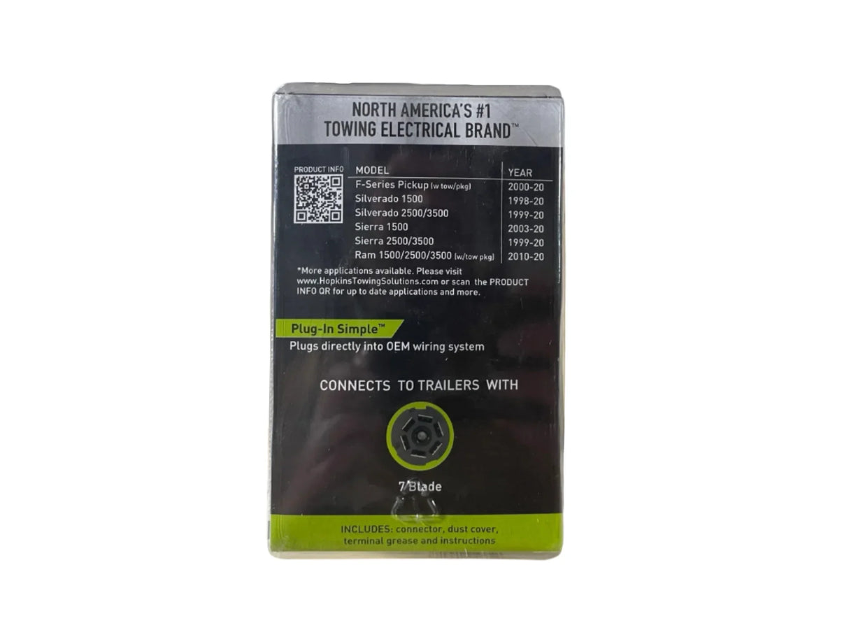 Hopkins towing electrical connector package with vehicle compatibility and 7-blade plug diagram