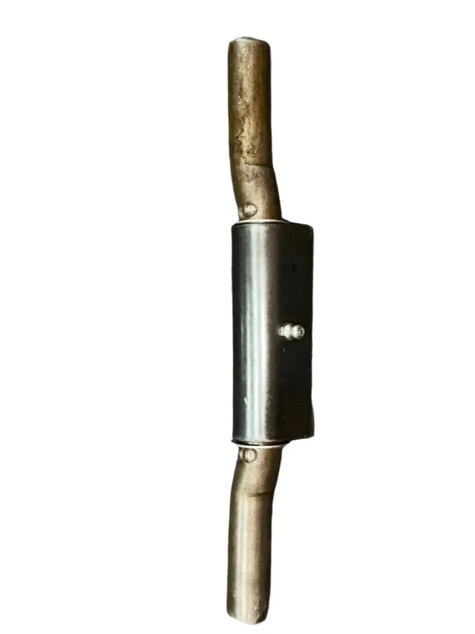 Vintage metal exhaust pipe part with cylindrical chamber and two curved ends on white background