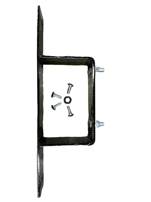 Black metal mounting bracket with bolts and screws on white background