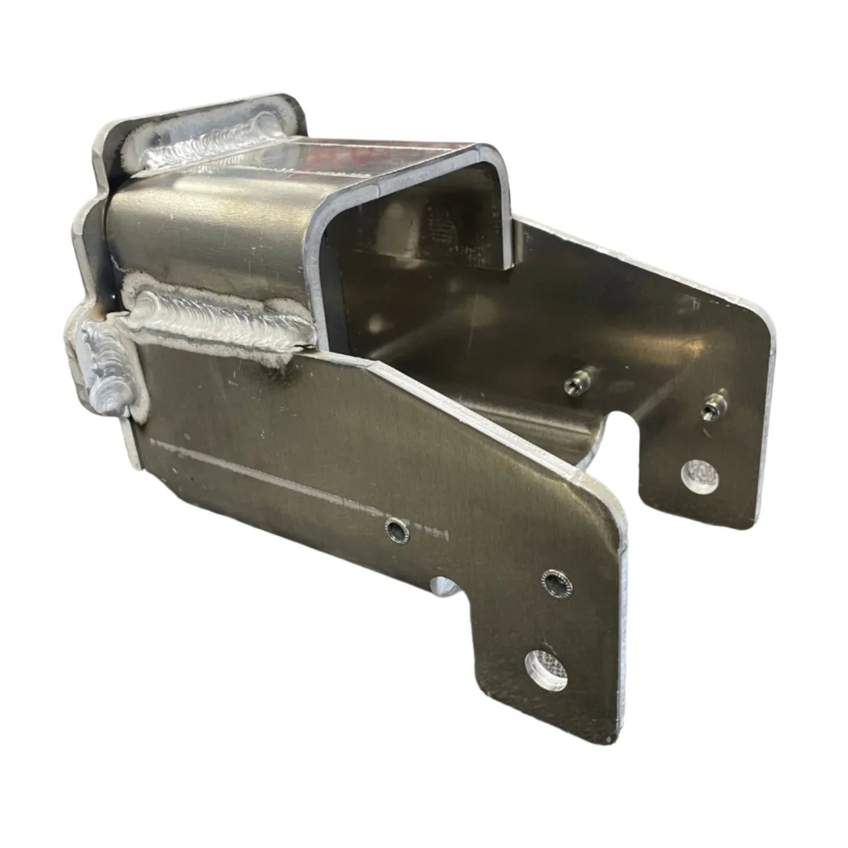 Stainless steel welded automotive bracket with mounting holes on a white background