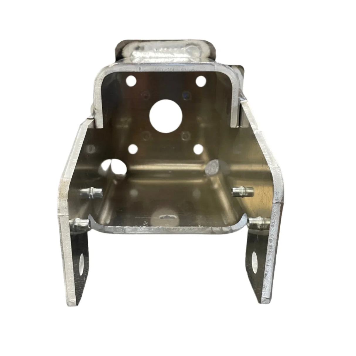 Aluminum metal bracket with multiple holes and bolts on a white background