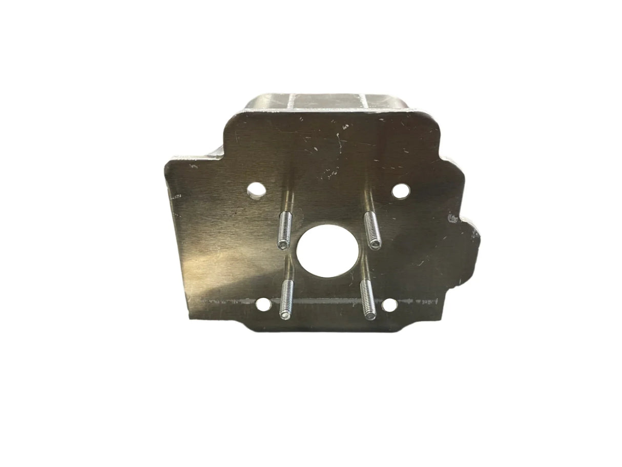 Stainless steel motor mounting bracket with threaded rods and central hole on white background