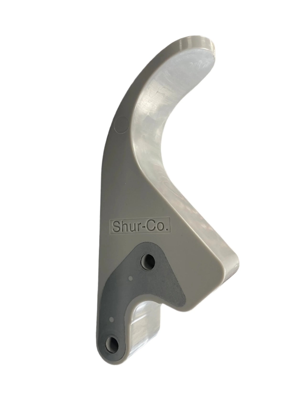 Shur-Co. gray plastic replacement tarp latch hook with mounting holes, isolated on white
