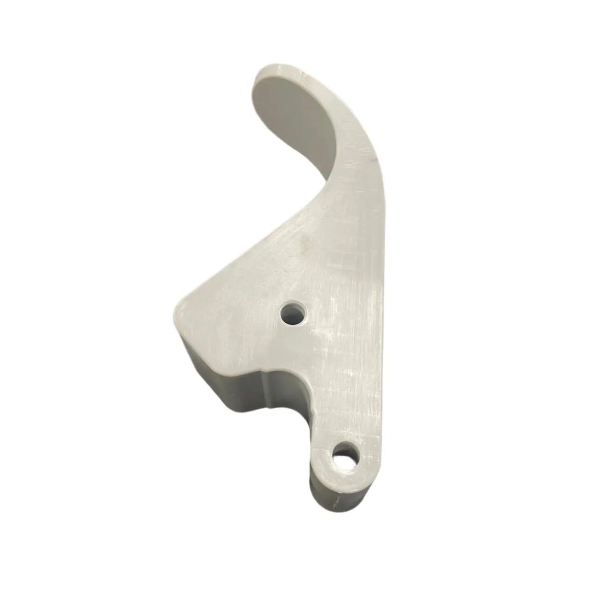 White plastic replacement part with mounting holes on white background