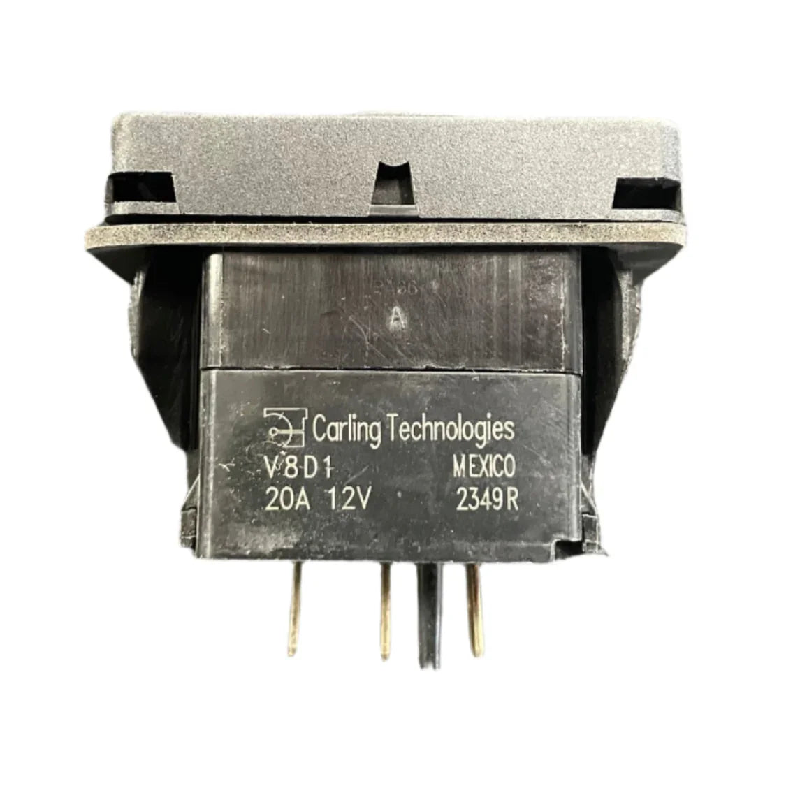 Carling Technologies V8D1 20A 12V electrical switch with pins and product markings