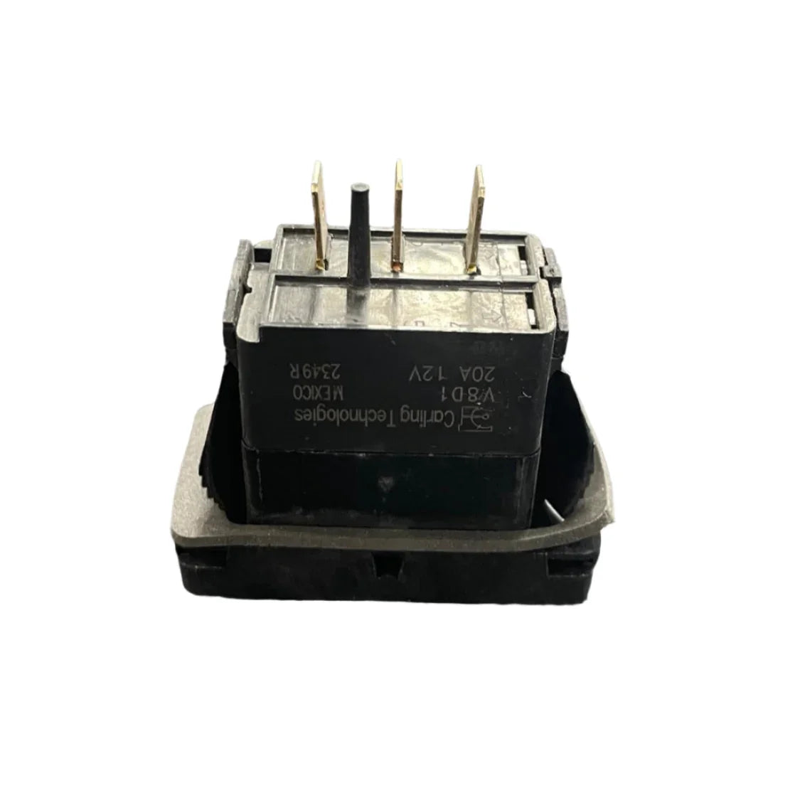 Carling Technologies V8B1 12V rocker switch with four metal prongs on white background