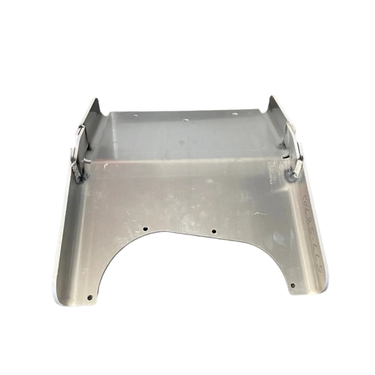 Stainless steel mounting bracket with curved cutout and screw holes, white background