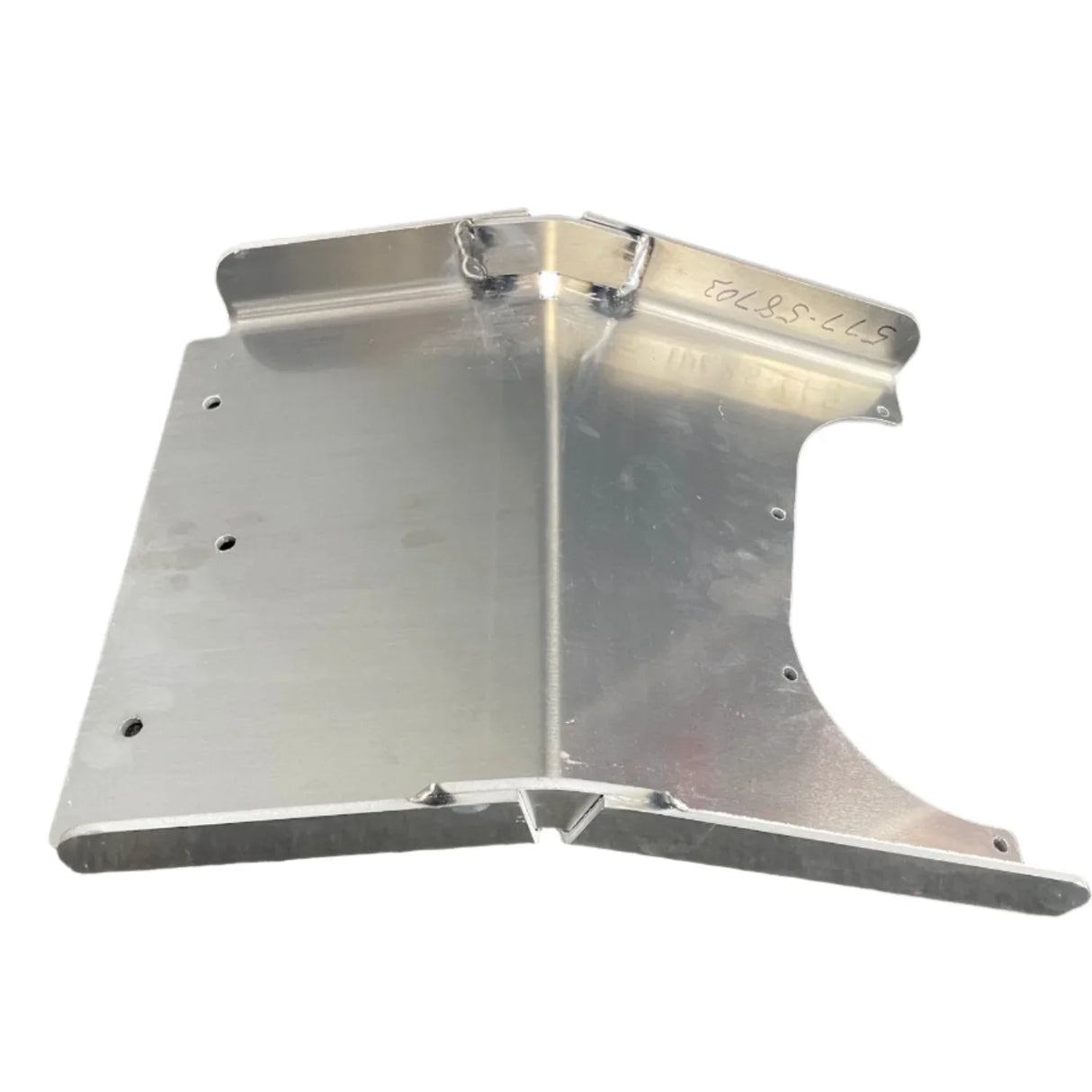 Aluminum metal skid plate with bolt holes and welds on a white background