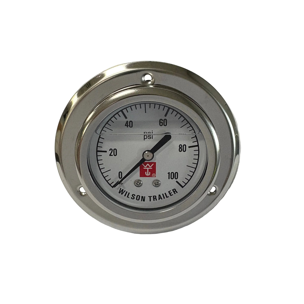Wilson Trailer PSI gauge with metal bezel, white dial, and black pointer on white background