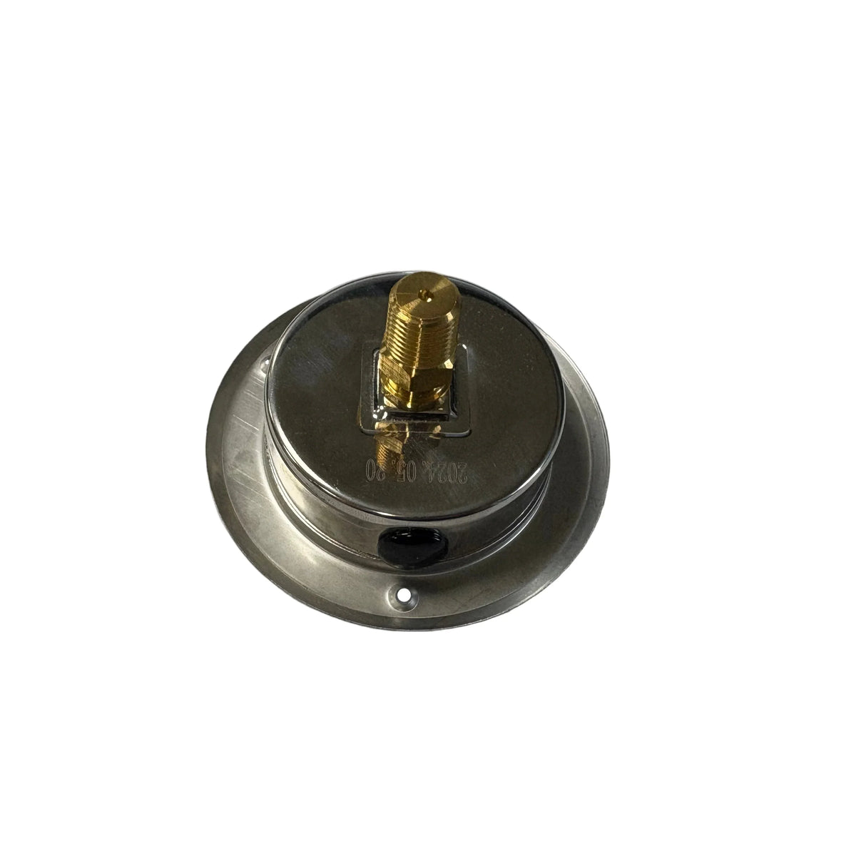 Stainless steel pressure gauge back with brass connector, isolated on white background