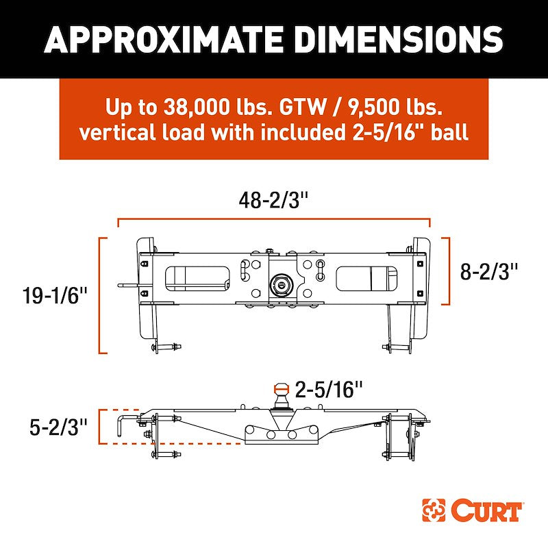 CURT 60704 PowerHaul Under-Bed Gooseneck Trailer Hitch | Direct-Fit | Up to 40,000 LB Towing Capacity
