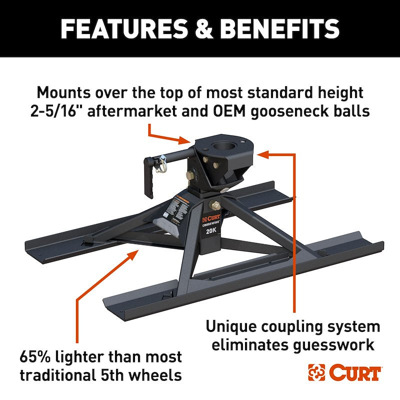 CURT 16051 CrossWing 5th Wheel Trailer Hitch | 20,000 LB Capacity | Mounts Over Gooseneck Ball | 3 Height Adjustments | Lightweight Steel