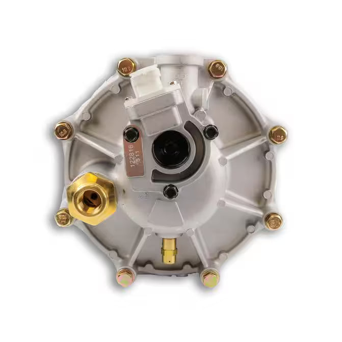 Round silver LPG regulator with brass fittings, automotive gas reducer close-up