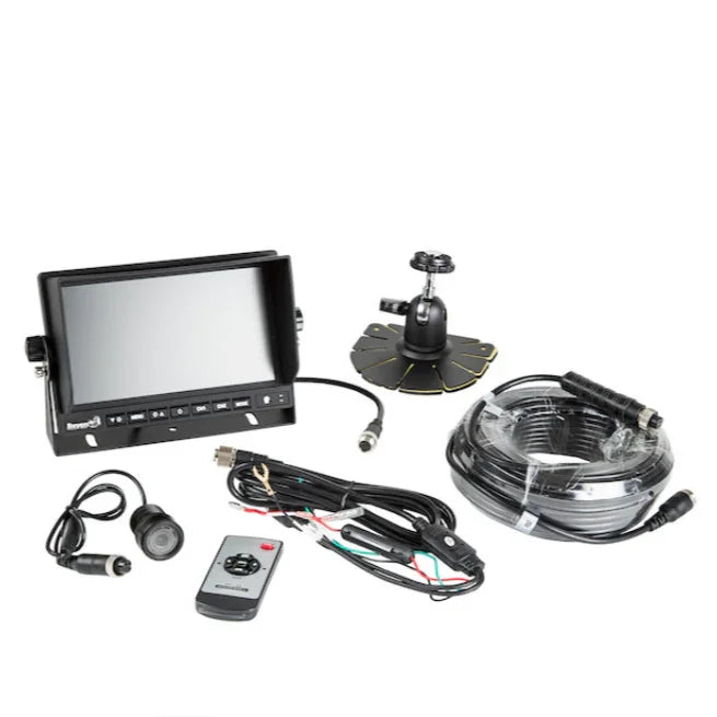 vehicle backup camera kit with monitor, cables, mount, remote, and connectors