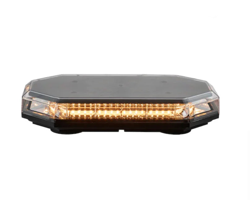 Amber LED strobe light bar with black housing for emergency vehicle warning