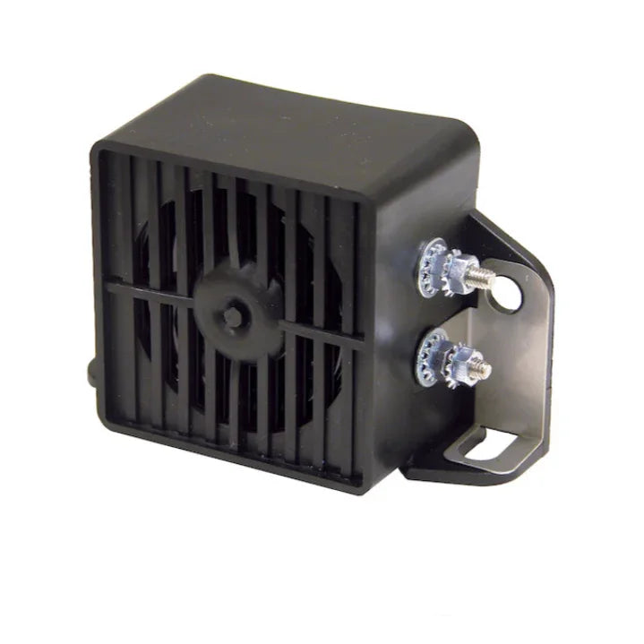 Black backup alarm with mounting bracket and screws for vehicles or machinery