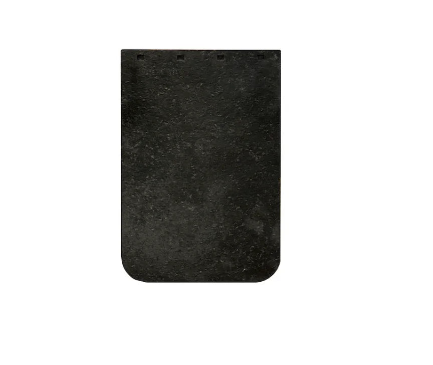 Rectangular black slate roofing tile with four nail holes on white background