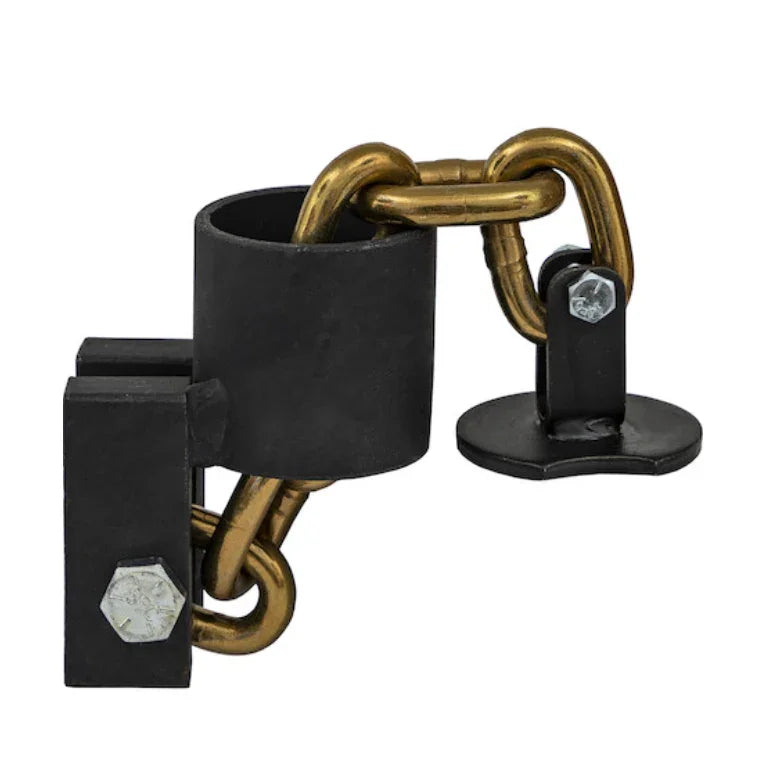 Heavy duty steel chain link bracket with black and bronze finish, mounting bolts visible.