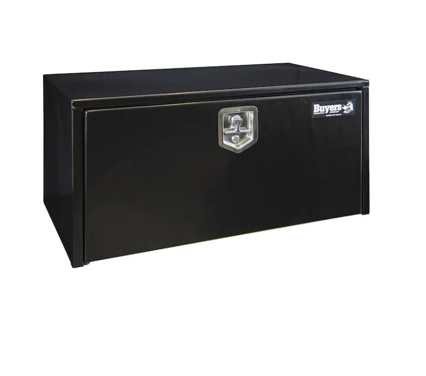 Black steel underbody toolbox with Buyers Products logo and stainless steel latch