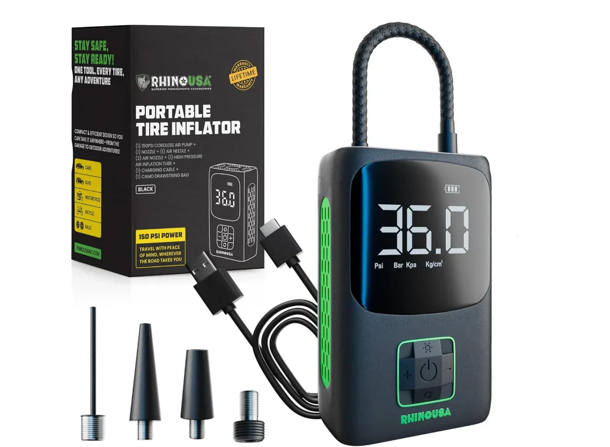 Rhino USA portable tire inflator kit with digital display, accessories, and packaging