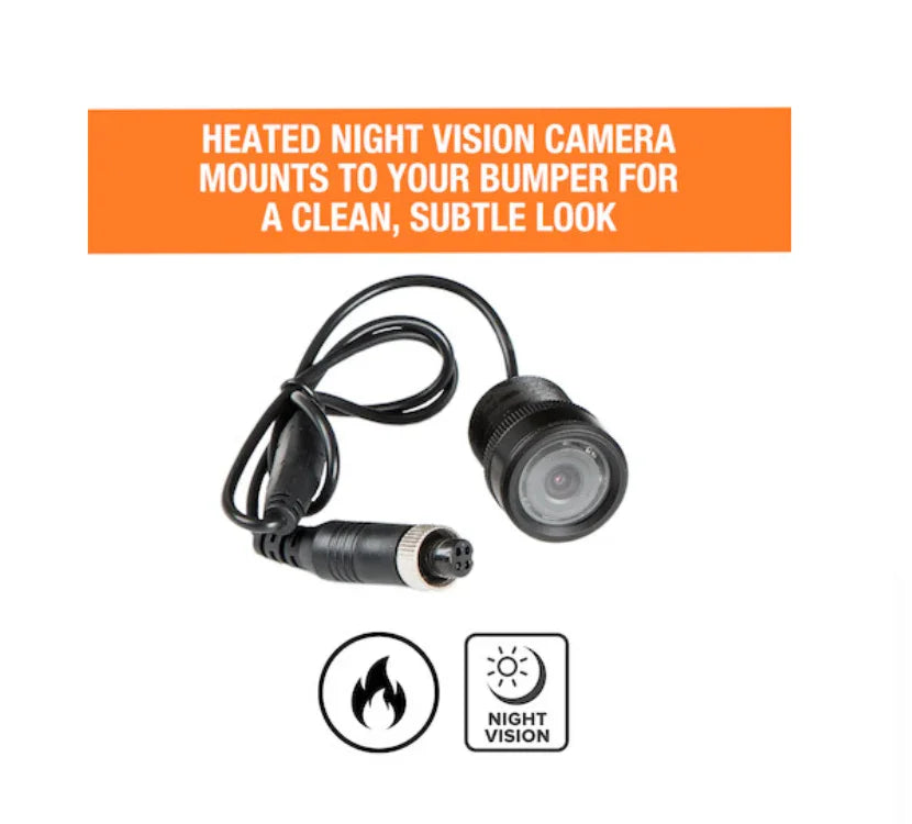 Heated night vision bumper camera with cord, night vision and heated icons, on white background