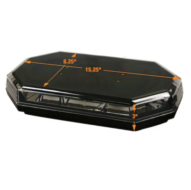 Rectangular black LED strobe light bar with labeled dimensions, vehicle emergency lighting