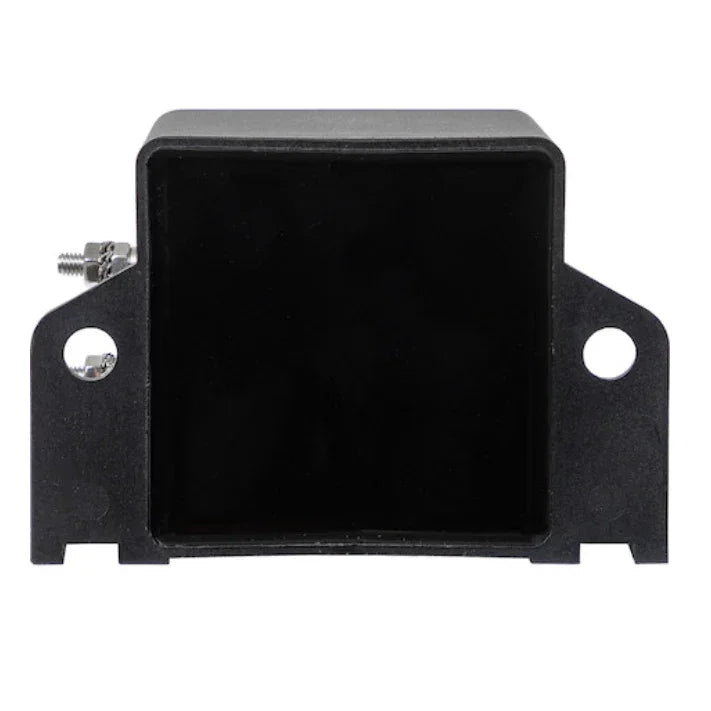 Black rectangular automotive relay module with metal mounting brackets