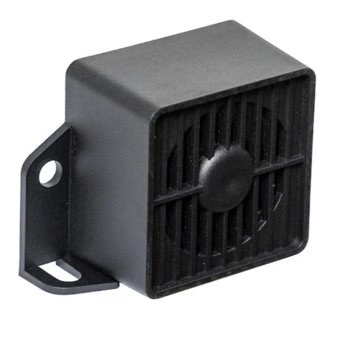 Black plastic backup alarm buzzer for vehicles with mounting bracket.