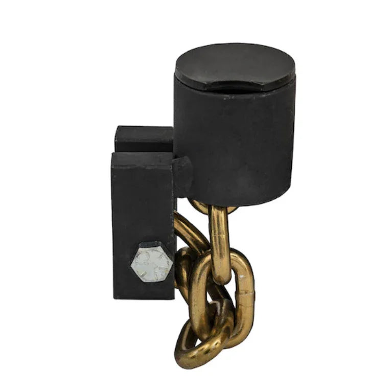 Heavy-duty black padlock with brass chain, security lock hardware close-up.