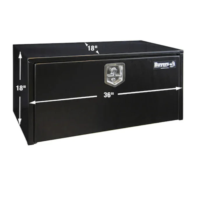 Black steel truck toolbox 36x18x18 inches with latch and Buyers Products logo