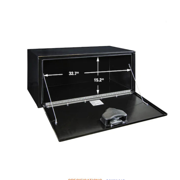 Black steel truck storage box with open lid, showing 32.7 x 15.2 inch interior dimensions