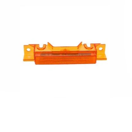 Amber rectangular side marker light with clear lens and mounting holes on white background